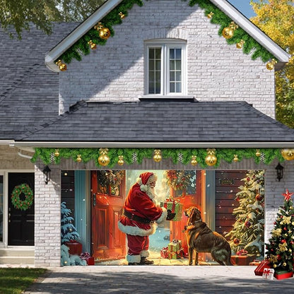 HOMETITUTE Christmas 13x6ft Garage Door Banner Santa Claus Dog Gift Scene Winter Night Holiday Porch Backdrop Indoor Outdoor Wall Background Decor Festive Family Celebration Display Party