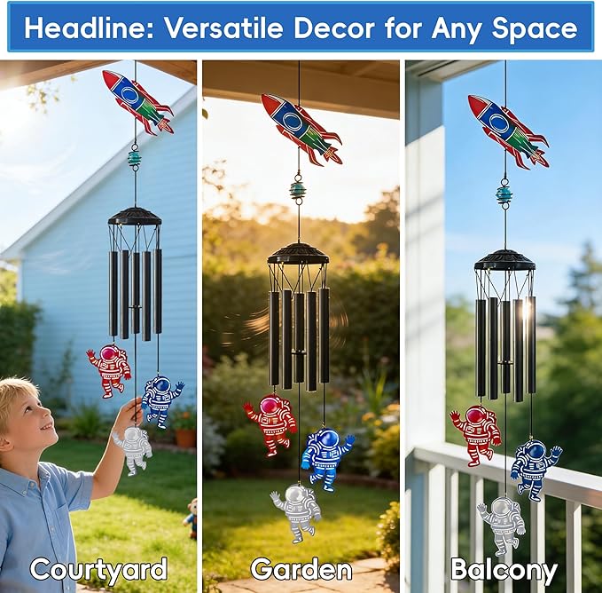 47 Inch Astronaut Rocket Wind Chimes Outdoor,Space Themed Metal Colorful Wind Chimes for Outside,Indoor Hanging Windchimes Decor for Garden Patio Room Yard,Gifts for Space Lovers Kids Men Women
