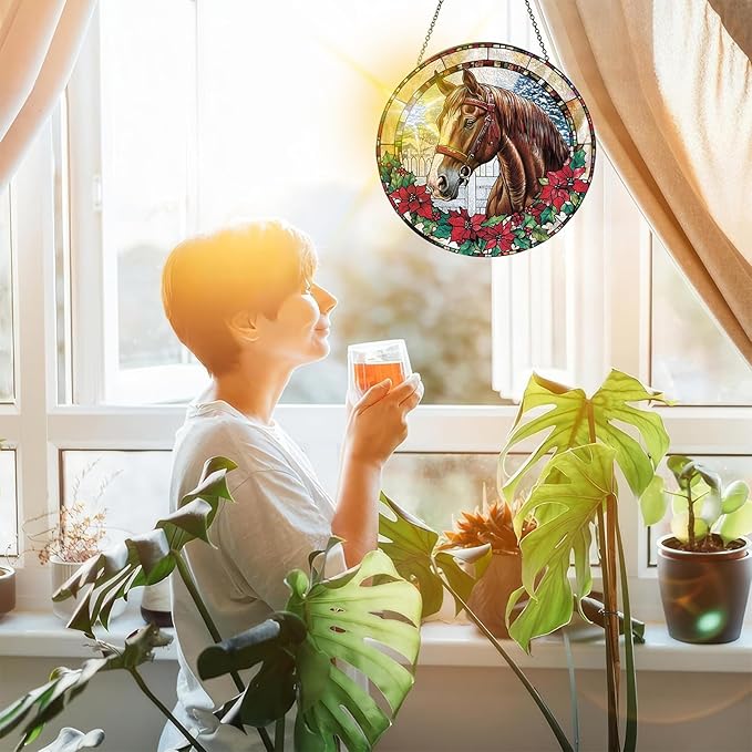 Bimkole Horse Stained Glass Suncatcher Window Hanging - Animals Indoor Window or Doorway Decoration - Handmade Sun Catcher Decor for Garden Home Christmas & Birthday Gifts 7.87x7.87 Inch