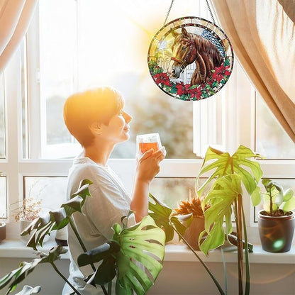 Bimkole Horse Stained Glass Suncatcher Window Hanging - Animals Indoor Window or Doorway Decoration - Handmade Sun Catcher Decor for Garden Home Christmas & Birthday Gifts 7.87x7.87 Inch