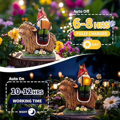 Garden Gnomes Outdoor Statues: 8'' Solar Light Gnome Decor on Highland Cow Play The Accordion Unique Birthday Gifts for Women Mother Grandma