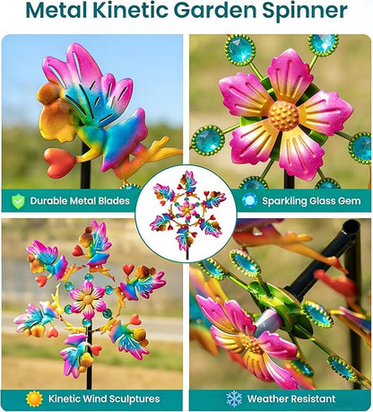 44" Flower Fairy Garden Wind Spinners - Metal Outdoor Stakes Kinetic Wind Spinner Windmills Decor, Wind Sculpture Yard Art Decorations for Patio, Lawn & Garden