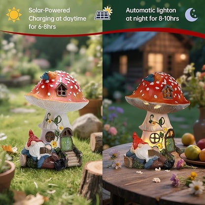 Solar Mushroom Statue Outdoor Decor,Gnome Reading Under Mushroom Figurine with LED Light, Fairy Garden Patio Lawn Yard Decor Christmas Housewarming Gifts for Women Mom Grandma