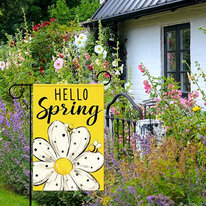 Hello Spring Garden Flags for Outside,Bee Daisy Spring Garden Flag Yard Lawn Porch Flags for Outdoor Decorations 12x18 Inch Double Sided