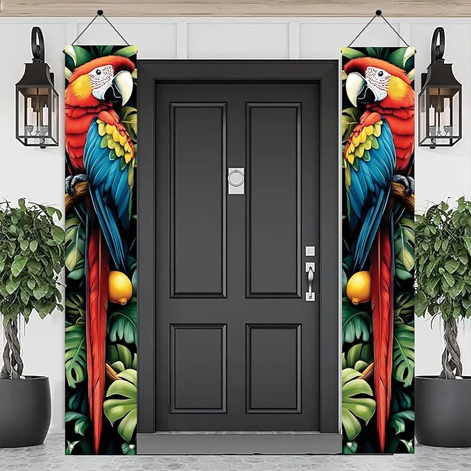Tropical Parrot Porch Banners 71x12 Inch Summer Luau Party Decorations Colorful Macaw Hanging Door Signs Jungle Leaves Citrus Fruits Outdoor Patio Welcome Banner for Home Decor