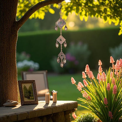 Rustic Metal Wind Chime – Triple Diamond Star Cutouts with Bells – Bronze Outdoor Garden Decor – Wind Chimes for Outside, Porch, Yard, Balcony, Memorial or Garden Gift 19 x 4.5 Inch