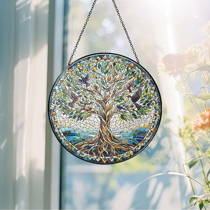 Tree of Life with Birds Sun Catcher RVEAFA Stained Glass Window Hanging Birds Lover Gifts for Women Wall Decor Handmade Sun Catcher Decoration for Garden Home Housewarming Gifts（20 * 20cm
