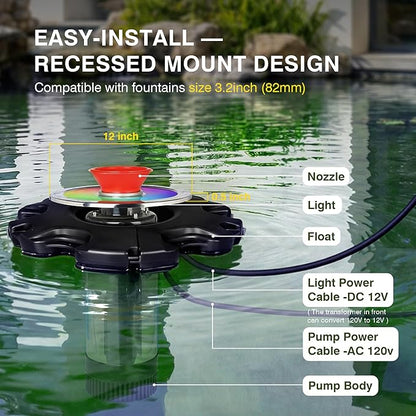 Pond Fountain Aerator Lights, RGB LED Color-Changing Aerator Floating Fountain Light, AC 120V, 100ft Cable with Controller, APP & Remote Control, IP68 Waterproof, Compatible with Most Pond Aerators