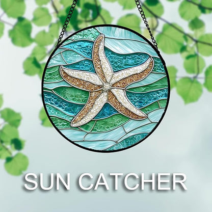 DASTOLL Stained Glass Window Hanging Teal Sea Waves Starfish 6.3" - Suncatcher Door Garden Sun Catcher Home Decor Birthday Mother's Day for Mom Men Woman Parents Her Child Nana