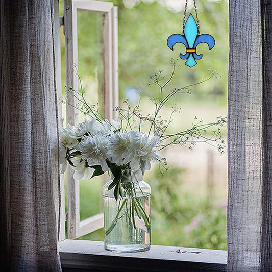 Fleur De Lis Decor Stained Glass Window Hangings,Handmade Housewarming Gifts for New House, Fleur De Lis Decoration Birthday Gift for Men,Christmas Decortion Gifts for Women