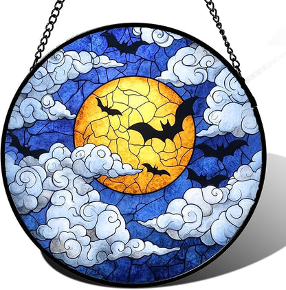 Stained Glass Window Hanging - Halloween Decorations Bats Moon Clouds Suncatcher for Doors Garden Indoor Spooky Funny Sun Catchers Gothic Decor Horror Gifts for Women Men Friend 9.8 in