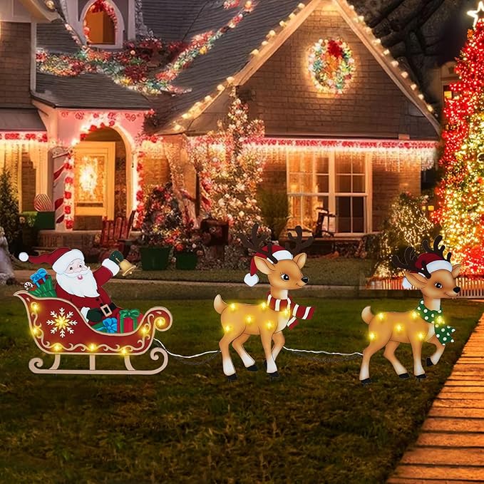 WONDER GARDEN Christmas Metal Yard Stakes, Lighted 3 Pack Christmas Garden Stakes Yard Signs, Outdoor Decorations with Santa Sleigh and Reindeer for Lawn Party Outside
