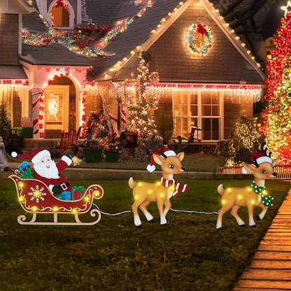 WONDER GARDEN Christmas Metal Yard Stakes, Lighted 3 Pack Christmas Garden Stakes Yard Signs, Outdoor Decorations with Santa Sleigh and Reindeer for Lawn Party Outside
