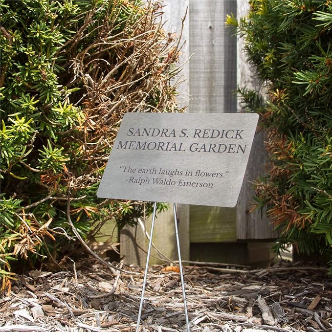 Outdoor Metal Garden Sign, Label, or Memorial. 4 x 2" or 6 x 4" sign with rounded corners and a 10" stake. Materials Include: Stainless Steel, Brass, Copper, Bronze and Titanium. (Titanium, 4 x 6")