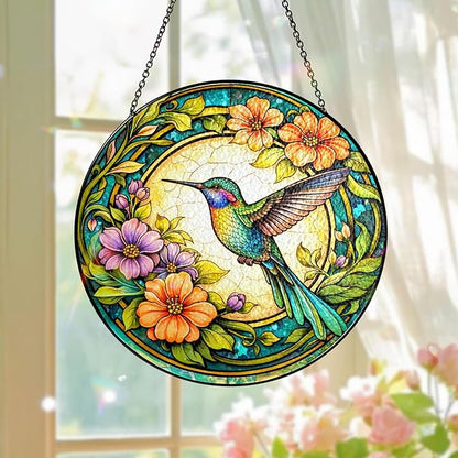 Stained Glass Window Hanging Hummingbird Sun Catcher, Gifts for Hummingbird Lovers, Colorful Bird Suncatcher for Window, Home Wall Art Decoration, Glass Bird Ornament Decor