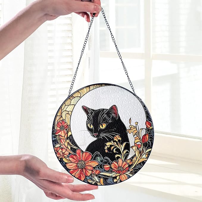 Black Cat Stained Glass Suncatcher, Cat Floral Window Hanging Decor, Memorial Pet Loss Sympathy Ornament, Home Garden Decor, Christmas, Birthday, for Grandma, Friends, Mom, Women