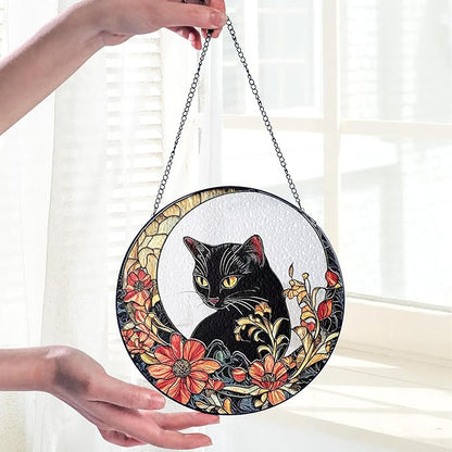 Black Cat Stained Glass Suncatcher, Cat Floral Window Hanging Decor, Memorial Pet Loss Sympathy Ornament, Home Garden Decor, Christmas, Birthday, for Grandma, Friends, Mom, Women