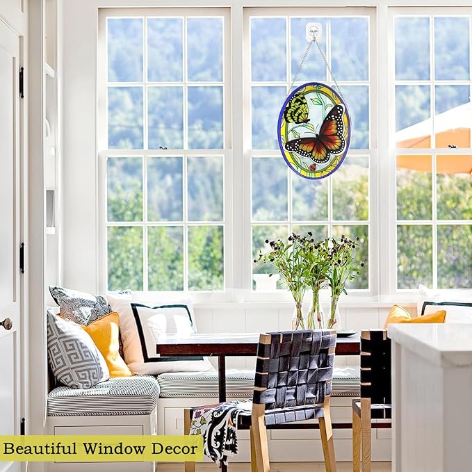 Monarch Butterfly Stained Glass Window Hanging, Butterfly Decorations Gift for Women, Valentine Stained Glass Suncatcher- Window Valentine Decor, Outdoor Hanging for Garden (10.5 inch)