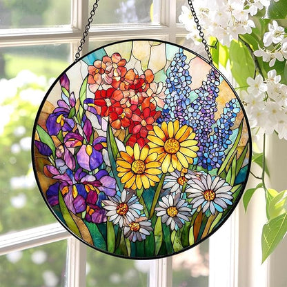 Stained Glass Window Hanging Sun Catcher 7.8 in, Colorful Wildflowers Glass Panel Suncatcher Indoor Window Decor Gift for Women, Men, Wife, and Mom