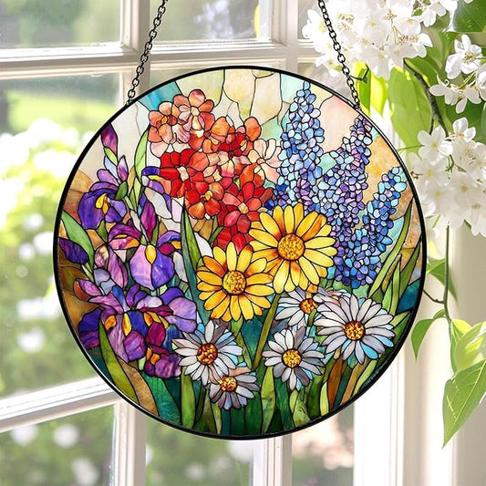 Stained Glass Window Hanging Sun Catcher 7.8 in, Colorful Wildflowers Glass Panel Suncatcher Indoor Window Decor Gift for Women, Men, Wife, and Mom