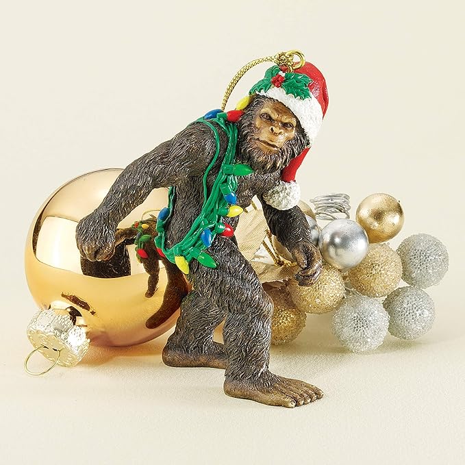 Design toscano yeti with santa hat funny christmas tree ornament, 2 inches wide, 1 inches deep, 3 inches high, brown bigfoot the holiday yetti