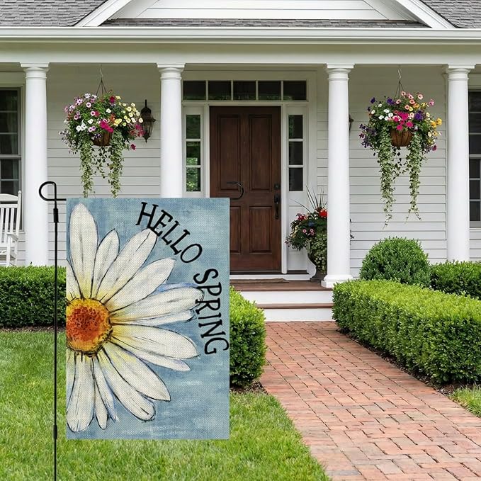 CROWNED BEAUTY Spring Garden Flag Floral Daisy Double Sided 12x18 Inches Small Burlap Welcome Holiday Seasonal Yard Decoration for Outside Porch Blue CF814-12