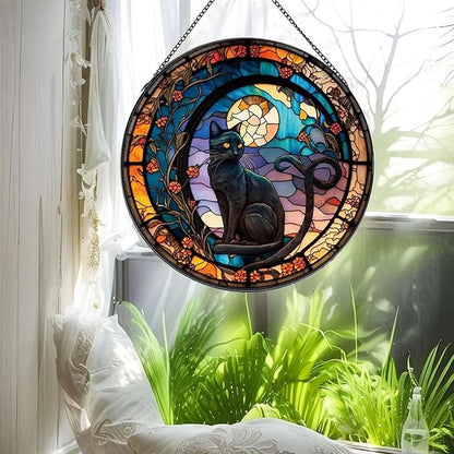 Black Cat Stained Glass Window Hanging,7.87’’ Stained Glass Suncatcher for Window for Cat Lovers,Hanging Ornaments Round Women Gifts for Family Friends, Housewarming Gift (A Style)