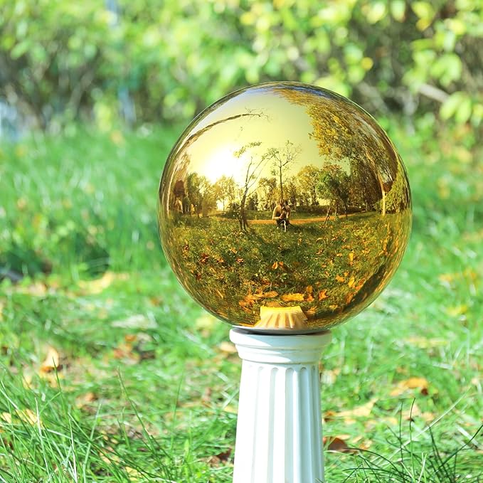 VCUTEKA Gazing Ball, Glass Mirror Polished Hollow Ball Reflective Garden Sphere, Gazing Globe for Home Garden Lawn Outdoor Ornament Yard Decorative 10-Inch, Gold