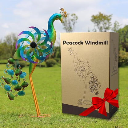 Metal Peacock Windmill Sculpture, Outdoor Peacock Wind Wheel, Garden Lawn Art Decoration