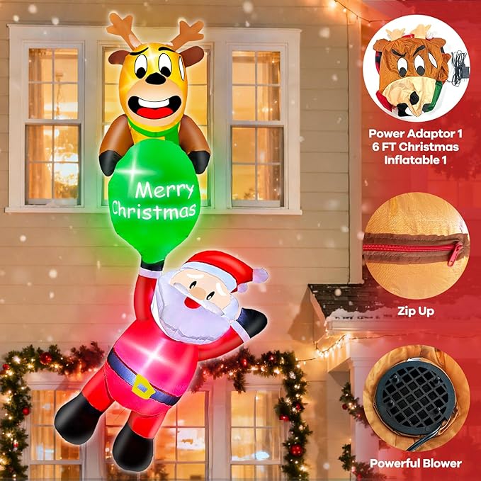 6 Ft Hanging Christmas Inflatables, Reindeer Pulling Gift with Climbing Santa Window Funny Blow Up Outdoor Christmas Decorations with Built-in LEDs Lights for Xmas Yard Lawn Home Roof Holiday Display