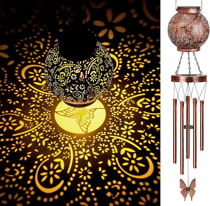 YHmall Solar Wind Chimes for Outside, Butterfly Birthday Gifts for Women Mom, Flower Solar Lantern Windchimes Outdoors, Hanging Memorial Wind Chimes for Garden Decor