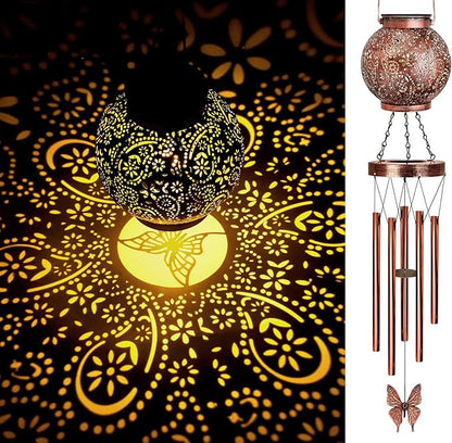 YHmall Solar Wind Chimes for Outside, Butterfly Birthday Gifts for Women Mom, Flower Solar Lantern Windchimes Outdoors, Hanging Memorial Wind Chimes for Garden Decor