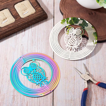 Stainless Steel Reflective Wind Spinners for Christmas Tree Decor 3D Owl Wind Chimes Gradient Etched Metal Embellishments for Outdoor Indoor Garden Hanging Decor 2Pcs