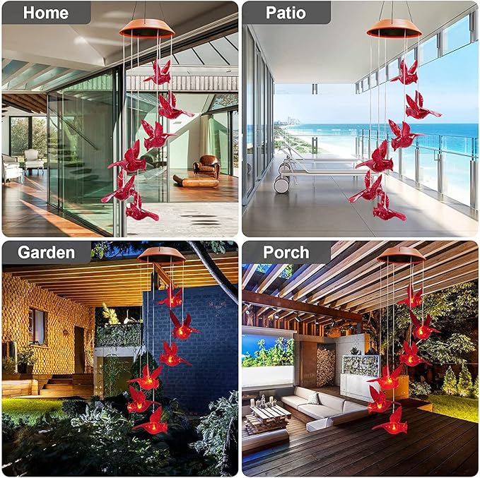 Cardinal Solar Wind Chimes for Outside, Solar Powered Red Bird Chime Light, Cardinal Gifts for Mother Mom Grandma Women Birthday, Hummingbird Decor for Patio, Deck, Yard, Garden, Home