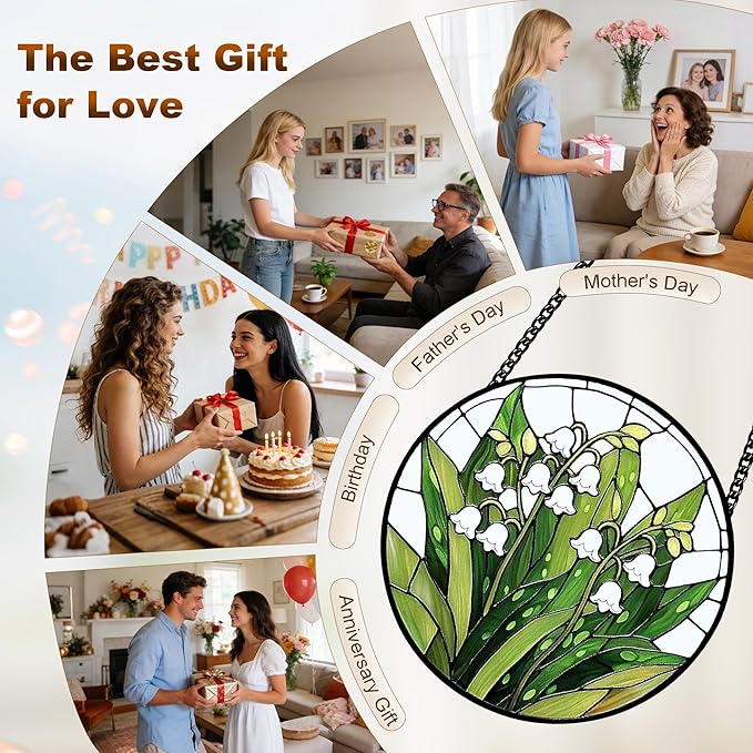 Stained Glass Window Hanging, Lily of the Valley Flower Sun Catcher Glass Panel Green and White Suncatcher Decor for Birthday, Women, Men, Wife, Aunt, Lovers, Home Garden 7.8 in