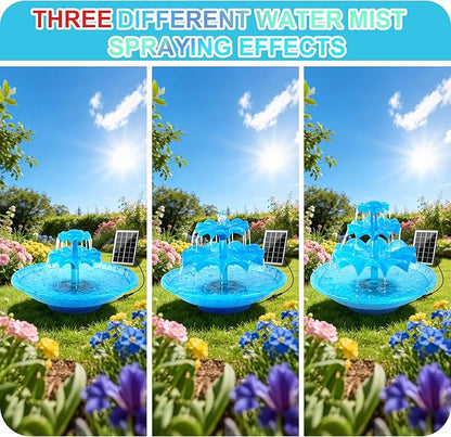 3.5W Solar Fountain Pump for Bird Bath, 3-Tier Blue Solar Water Pump with 8 LED Lights, 32.8FT Power Cord and Adapter Included, Dual-Powered for 24/7 Use for Garden, Pond, Pool, Fish Tank and Lawn