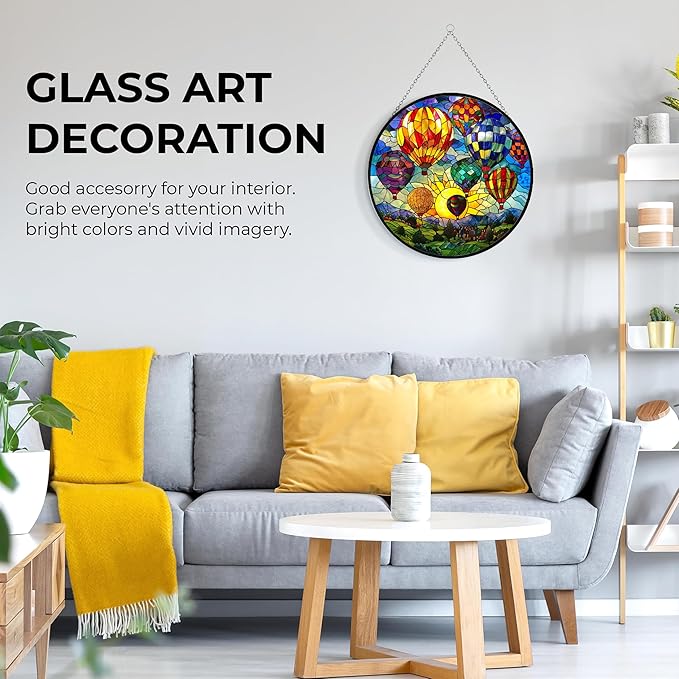 Hot Air Balloon Stained Glass Suncatcher Window Hanging, Gothic Dragon Christmas Ornaments for Fiction Lovers, Dinosaur Room Decor for Nursery New Home Gifts