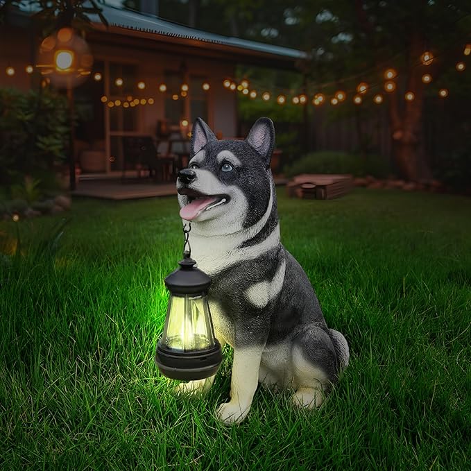 Outdoor Akita Inu Dog Statue with Interchangeable Welcome Sign and Detachable Solar Lantern –LED Light Garden Dog Sculpture Décor, Cute Puppy Design for Yard, Porch, Gift