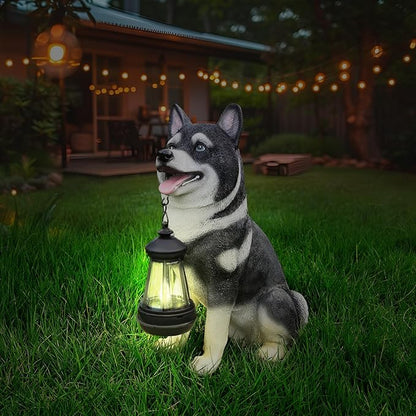 Outdoor Akita Inu Dog Statue with Interchangeable Welcome Sign and Detachable Solar Lantern –LED Light Garden Dog Sculpture Décor, Cute Puppy Design for Yard, Porch, Gift
