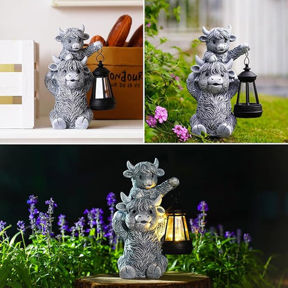 Solar Highland Cow Garden Decor - Resin Cow Statue with Solar Lantern Outdoor Yard Patio Decor - Ideal Gifts for Women,Mom Men (Grey)