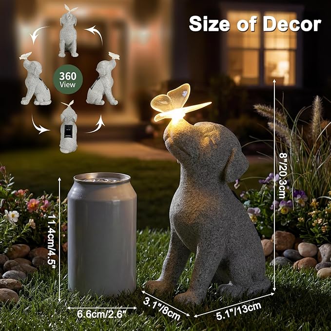 Lyeasw Dog Solar Statues with Butterfly - Waterproof Gray Dog Garden Decor for Patio, Yard, Porch- Cute Puppy Figurines with Solar LED Lights for Outdoor Decor, Pet Memorial Gift