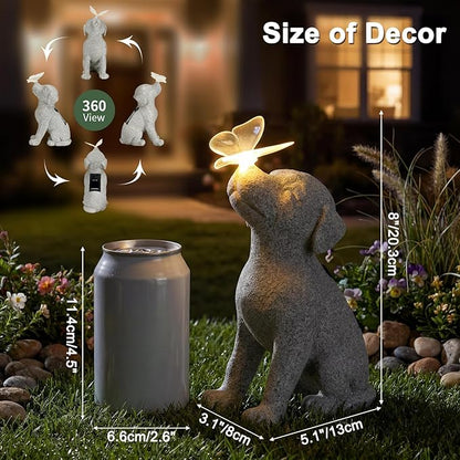 Lyeasw Dog Solar Statues with Butterfly - Waterproof Gray Dog Garden Decor for Patio, Yard, Porch- Cute Puppy Figurines with Solar LED Lights for Outdoor Decor, Pet Memorial Gift