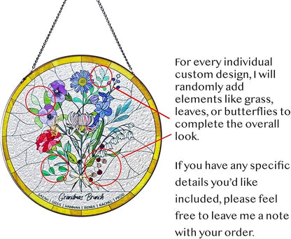 Personalized Grandma Stained Glass Sun Catcher, Custom Birth Month Flower Stained Glass, Grandma's Garden Suncatcher Window Hanging Ornament, Mothers Day Grandma Mom Gifts, Gifts for Nana Mimi 1