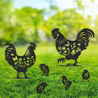 Rngmsi Chicken Metal Garden Art - 6PCS Chicken Metal Yard Art Rooster Garden Decor Outdoor Cute Hen Metal Statue Decorations Outside for Patio Decorative Lawn Stakes Statues Gifts for Friends