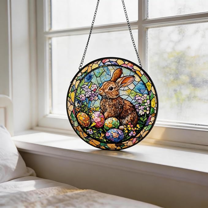 Stained Glass Sun Catcher,Rabbit Glass Window Hanging Garden Decor,Sun Catchers Indoor Window,Whimsical Decoration for Home Backyard Patio Lawn Porch with 7.9 INCH