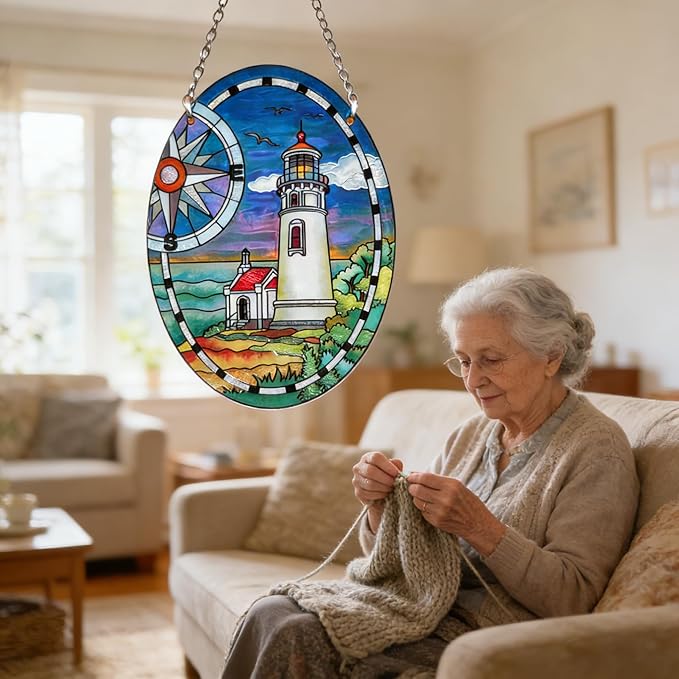 Lighthouse Garden Suncatcher for Window, Elliptic Stained Glass Window Hanging Memorial Gift Stained Glass Birthday Gift for Mom Sun Catchers Window Home Garden Christmas Party Wedding Decor (G)