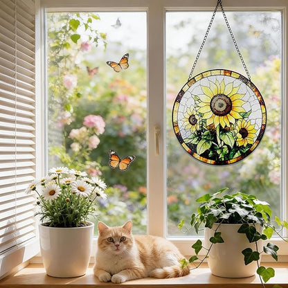 Stained Glass Window Hanging, 8 Inch Sunflower Suncatcher, Sun Catchers Indoor Window, Suncatchers for Windows Hanging, Spring Home Garden Decor Panel Mothers Day Birthday Gifts for Mom Grandma Friend