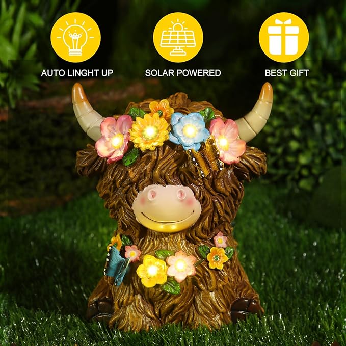 Colingmill Highland Cow Resin Figurine Highland Cow Statue Christmas Outdoor Decor with Flower for Patio, Yard, Gift for Mom, Calf Gnome Herd Lovers (Classic)