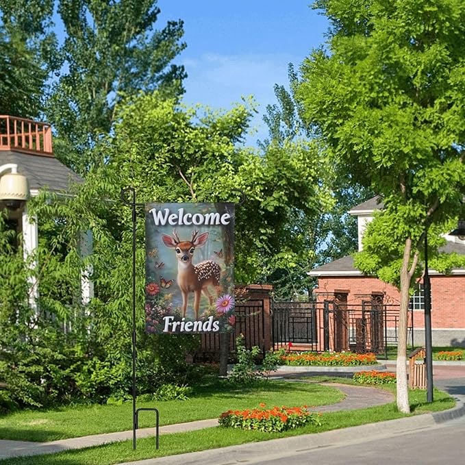 Beautiful Deer Garden Flags 12×18 Inch Welcome Friends Double Sided Decorative Yard Banner Seasonal Flag for Outdoor Outside Decor