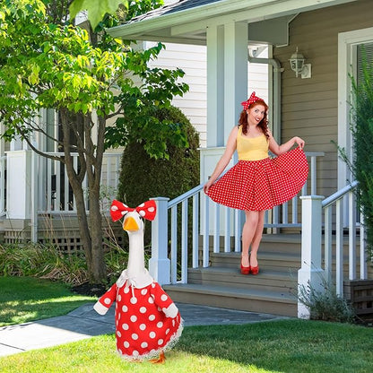FuWeave Spring Goose Outfit Flower Porch Goose Clothes for 23" Large Statue Outdoor Patio Yard Lawn Art Decoration(Red White Dots,23 inch)